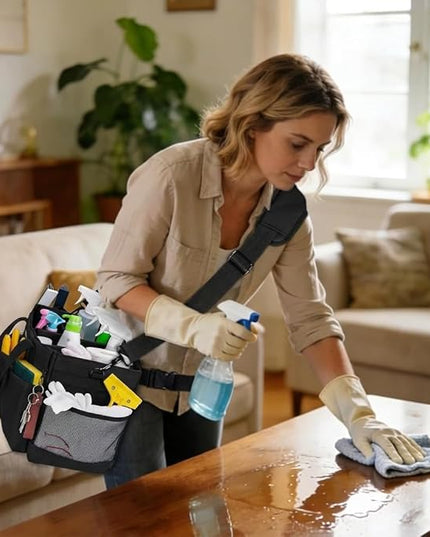 Ytonet Wearable Cleaning Caddy Bag, Large Cleaning Supplies Organizer with 4 Foldable Dividers, Caddy Organizer with Handle & Shoulder Strap & Waist Strap for Cleaners & Housekeepers, Black Grey