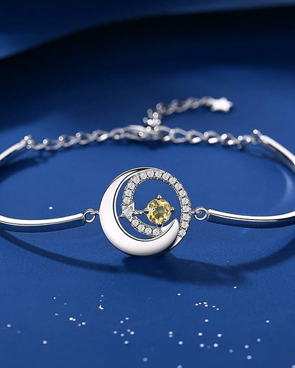 FANCIME Birthstone Bracelets 925 Sterling Silver Moon and Star Bangle Charm Bracelet Fine Jewelry Birthday Anniversary Christmas Day Gift for Her Women, Adjustable Chain 6.7"+1.2" Extend