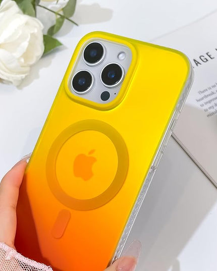 Aesthetic Case for iPhone 16 Pro Max Case for Women Girls, Compatible with Magsafe, Cute Girly Trendy Glitter Sparkly Rainbow Magnetic Protective Phone Cover, Matte Iridescent Yellow & Orange