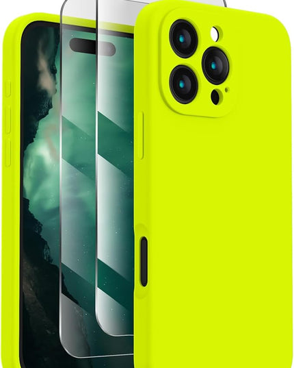 FireNova Designed for iPhone 16 Pro Case, Silicone Upgraded [Camera Protection] Phone Case with [2 Screen Protectors], Soft Anti-Scratch Microfiber Lining Inside, 2024, Fluorescent Green