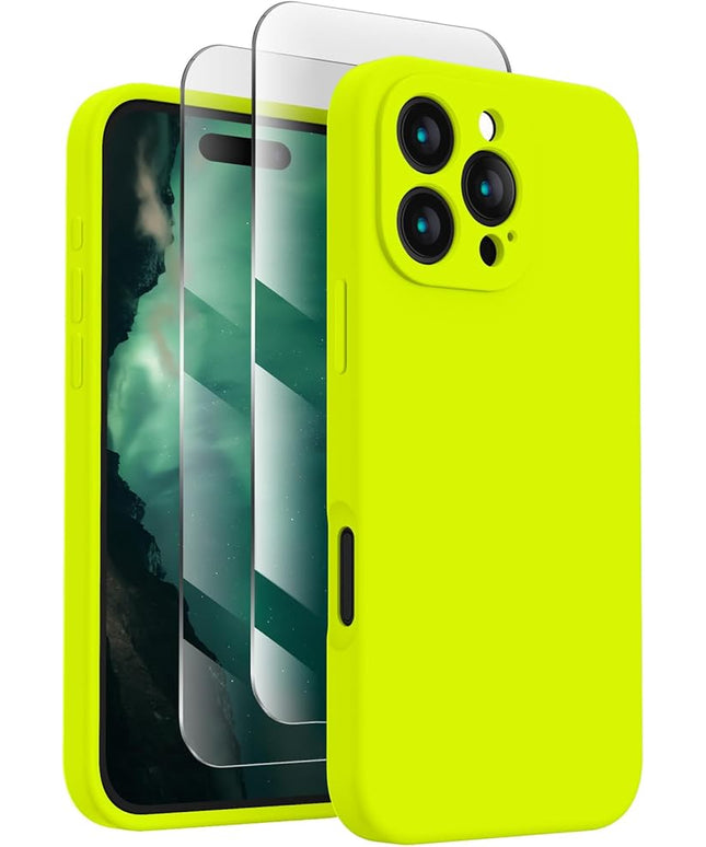 FireNova Designed for iPhone 16 Pro Case, Silicone Upgraded [Camera Protection] Phone Case with [2 Screen Protectors], Soft Anti-Scratch Microfiber Lining Inside, 2024, Fluorescent Green