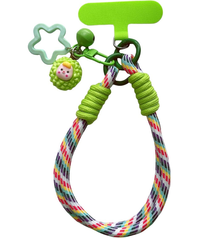 Dopamine Vibes Universal Wrist Strap - Korean-Style Short Phone Lanyard with Cute Green Durain Charm, 7mm Rope, Trendy Anti-Theft Tether for Girls, Includes Pendant & Nylon Phone Tab