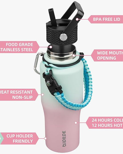 BJPKPK Insulated Water Bottles with Straw Lid, 23oz Metal Water Bottle with 2 lids & Paracord Strap, Double Wall Stainless Steel Vacuum Tumblers, Cups, Mugs, Thermo for Hot& Cold Drinks, Marshmallow