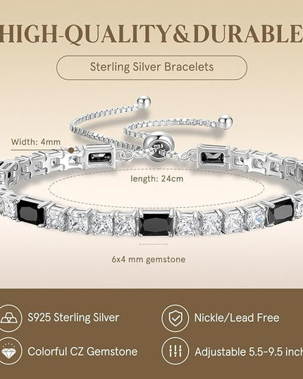 FANCIME Birthstone Bracelet for Women, Sterling Silver 4x6mm Gemstone Tennis Bracelet Bolo Adjustable Chain Fine Jewelry Birthday Gifts for Women Mom Wife Her