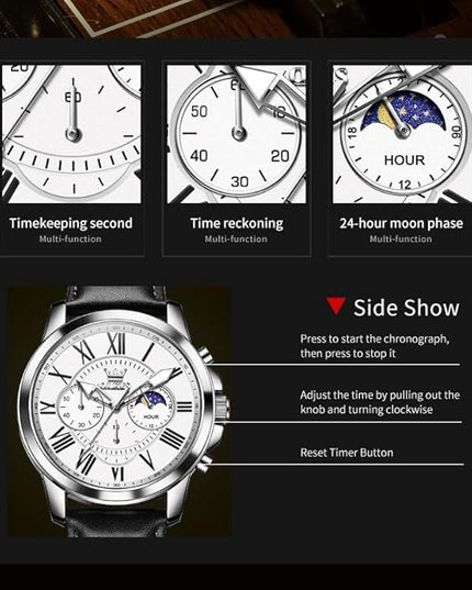 OLEVS Men's Watches Leather Strap Analog Quartz Watch, Fashion Big Dial Date Waterproof Watch, Dress Luxury Luminous Men Watches