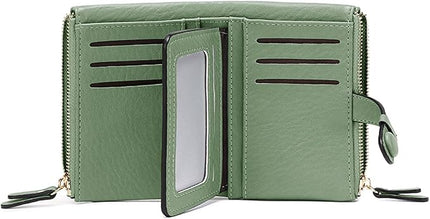 AOXONEL Women's Wallets Leather Wallets for Women Rfid Small Ladies Wallet Billfolds for Women,Trifold Mini Wallets for Women with Double Zipper Coin Pocket (Green)