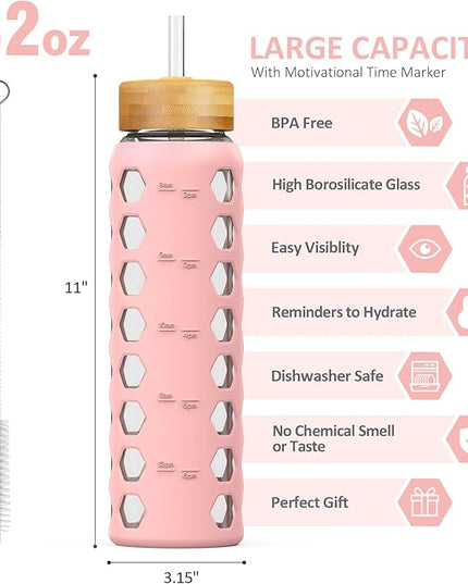 MUKOKO 32oz Glass Water Bottles with 2 Lids-Handle Spout Lid&Bamboo Straw Lid, Motivational Water Tumbler with Time Marker Reminder and Silicone Sleeve, Leakproof-Pink-1 Pack