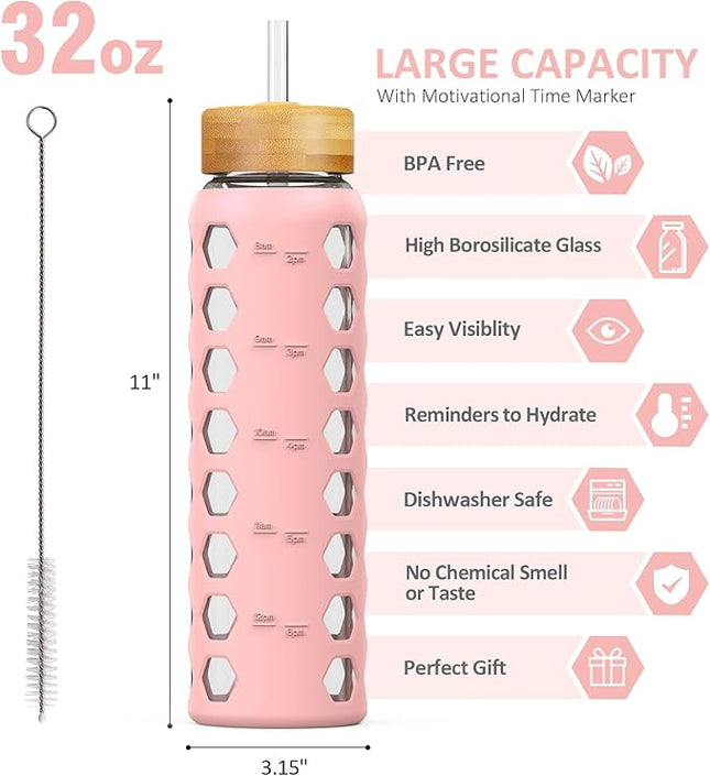 MUKOKO 32oz Glass Water Bottles with 2 Lids-Handle Spout Lid&Bamboo Straw Lid, Motivational Water Tumbler with Time Marker Reminder and Silicone Sleeve, Leakproof-Pink-1 Pack