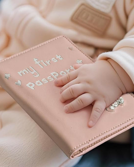 Baby Passport Cover with Travel Luggage Tag, My First Passport Holder With Bear for Girls Boys, Cute Pink Kids Airplane Travle Essentials Accessories Trip Favor Gifts