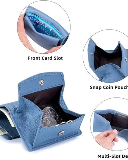 Mudono Small Wallet for Women Genuine Leather RFID Blocking Card Holder Minimalist Tri-fold Cash Wallet with Snap Coin Pouch