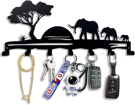BooWoodNeonMetal Elephant Family Metal Key Hook Rack - African Savannah Sunset Wall Decor - Practical and Artistic Key Organizer, Hallway, Kitchen, Office