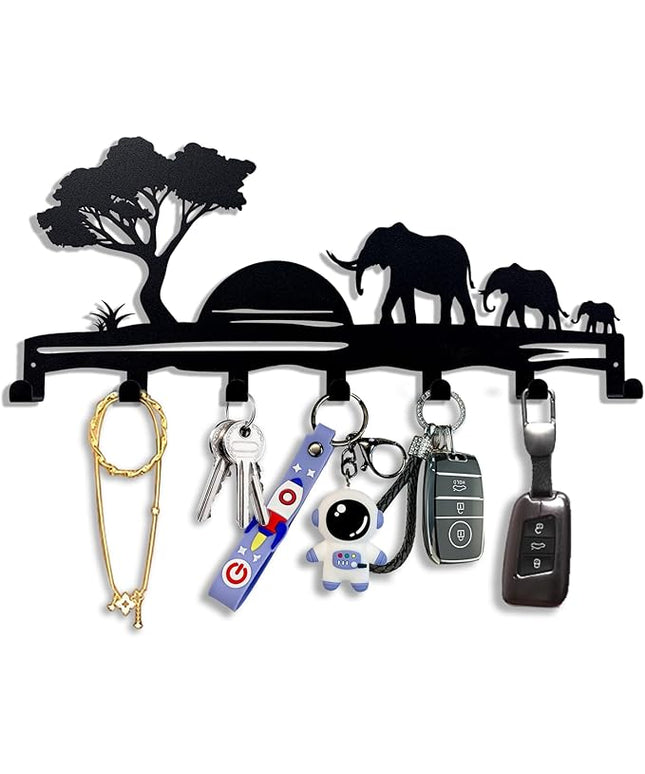 BooWoodNeonMetal Elephant Family Metal Key Hook Rack - African Savannah Sunset Wall Decor - Practical and Artistic Key Organizer, Hallway, Kitchen, Office