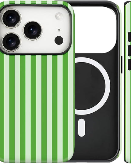 Magnetic for iPhone 17 Pro Case Cute Stripes Phone Case, Shockproof Slim TPU and Hard PC Protective Phone Cover Compatible with MagSafe Designed for Women Girls, Deep Green