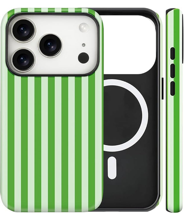 Magnetic for iPhone 17 Pro Max Case Cute Stripes Phone Case, Shockproof Slim TPU and Hard PC Protective Phone Cover Compatible with MagSafe Designed for Women Girls, Deep Green