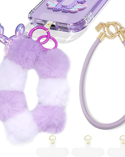 2 Pcs Phone Charm Wrist Strap with Tether Tab, Double Anti Lost Fluff Ball Beaded Wrist Lanyard, Detachable Leather Phone Charms for Bag, Key Chains, Camera Decor