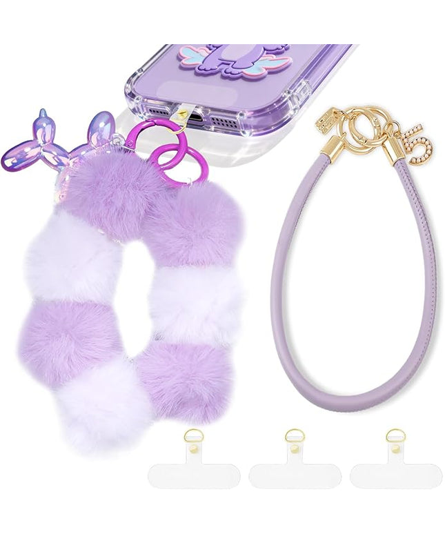 2 Pcs Phone Charm Wrist Strap with Tether Tab, Double Anti Lost Fluff Ball Beaded Wrist Lanyard, Detachable Leather Phone Charms for Bag, Key Chains, Camera Decor