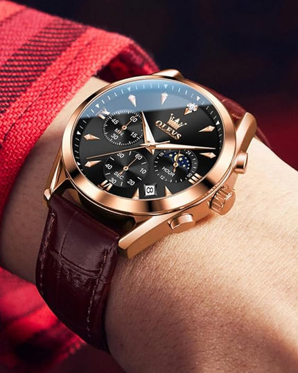 OLEVS Men's Watches Leather Strap Analog Quartz Watch, Fashion Big Dial Date Waterproof Watch, Dress Luxury Luminous Men Watches