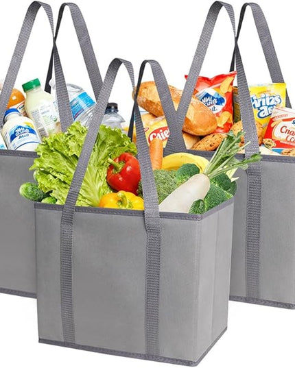 DOUKE Reusable Grocery Tote Bags, 3-Pack Heavy Duty Reusable Shopping Bags with Long Handles, Large Box Shape Tote Bags to Stand Up, Stay Open, Fold Flat (Gray)