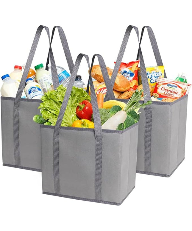 DOUKE Reusable Grocery Tote Bags, 3-Pack Heavy Duty Reusable Shopping Bags with Long Handles, Large Box Shape Tote Bags to Stand Up, Stay Open, Fold Flat (Gray)