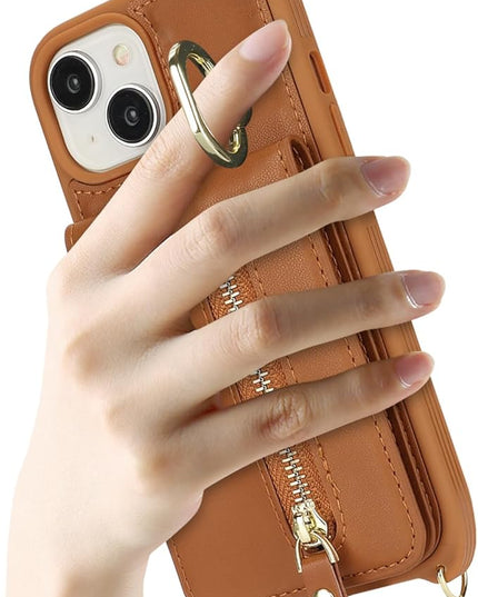 for iPhone 15 Wallet Case with Card Holder, for iPhone 15 Case Wallet with Strap Credit Card Slot, Crossbody Bag with Zipper Case for iPhone15 - Brown