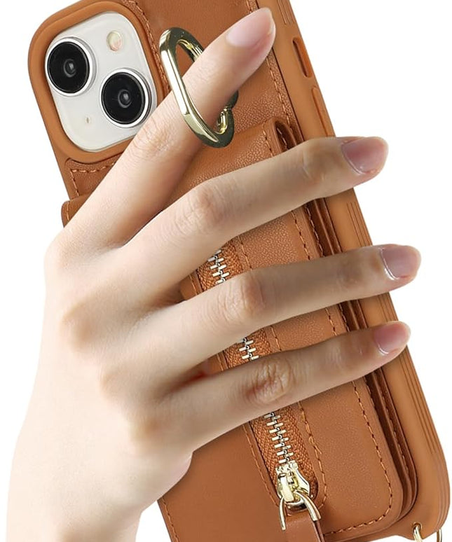 for iPhone 15 Wallet Case with Card Holder, for iPhone 15 Case Wallet with Strap Credit Card Slot, Crossbody Bag with Zipper Case for iPhone15 - Brown
