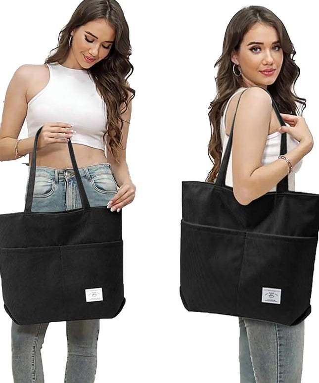 KALIDI Women Corduroy Tote Bag Zipper Casual Tote's Handbag Big Capacity Shoulder Bag with Pockets