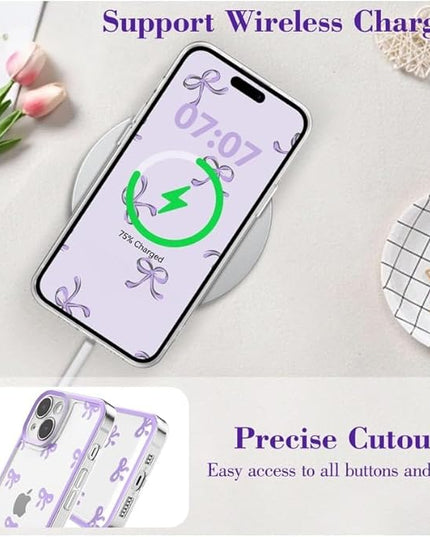 Designed for iPhone Case,Clear Cute Ribbon Bowknot Pattern Aesthetic Transparent Phone Case Raised Camera Protection Stylish Slim Soft Phone Case (Purple,iPhone 15 Pro Max)