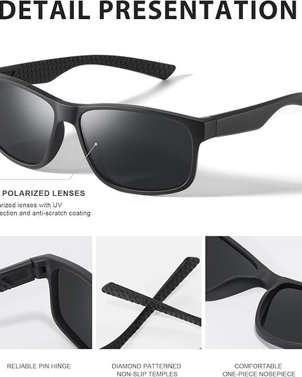 Polarized Sunglasses for Men Womens, Lightweight Mens Sunglasses UV Protection, Black Square Sun Glasses Driving Fishing Golf, Matte Black/Gray Lens