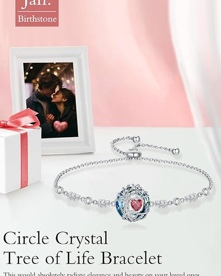 TOUPOP Tree of Life Birthstone Bracelet 925 Sterling Silver Family Tree Austrian Crystal Jewelry Anniversary Birthday Christmas Gifts for Women Wife Girlfriend Her