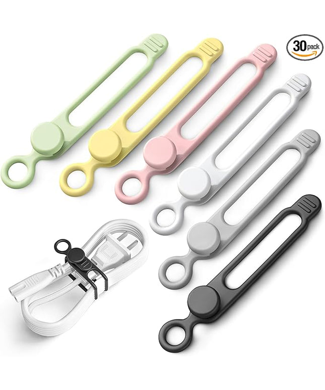 30Pcs Silicone Cable Ties,Reusable Data Cable Organizer for Office, Multipurpose Elastic Cord Management Ties for Bundling and Fastening Cable Cords Wires