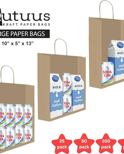 Qutuus 10x5x13 Kraft Paper Bags 100 Pcs Kraft Shopping Bags, Paper Gift Bags for Retail, Merchandise, Recycled Bulk Paper Sacks, Brown Paper Bags with Handles Bulk
