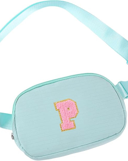 Glratn Initial Letter Fanny Pack for Girls,Patch Belt Bag,Toddler Crossbody Bags，Gifts for 3 4 5 6 7 8 9 10 11 12 Year Old Teens Kids,Christmas Graduation Gifts for Teen Girls ，(Light green-P)