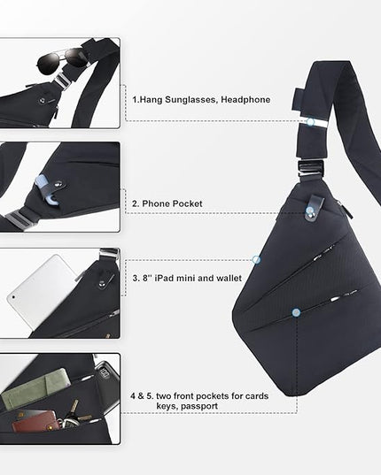 VADOO Sling Bag for Men and Women, Anti theft Crossbody Bag Lightweight Shoulder Chest Bag for Travel Gym
