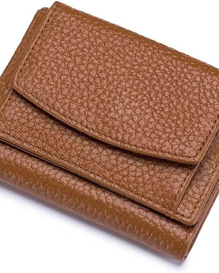 Mudono Small Wallet for Women Genuine Leather RFID Blocking Card Holder Minimalist Tri-fold Cash Wallet with Snap Coin Pouch