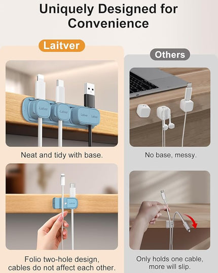 6 Pack Magnetic Cable Clips [1s Open/Lock], Laitver Cord Organizer Holder Strong Adhesive Desk Cable Management- Organize Charging Cords Neatly for Home, Office, Car,Desk, Nightstand-Peak Blue