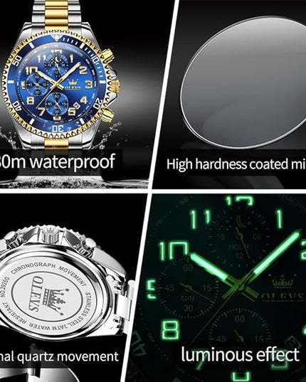 OLEVS Mens Watches Chronograph Watch Luxury Dress Stainless Steel Waterproof Watches for Men Moon Phase Luminous Business Calendar Wrist Watch Blue/Black/Green/Gold/Face