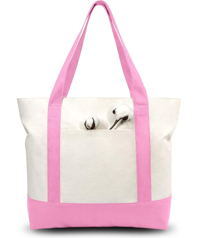 TOPDesign 6-Pack Canvas Tote Bags with an External Pocket, Reusable Grocery Shopping Bags, Top Zipper Closure, Daily Essentials (Pink/Natural)