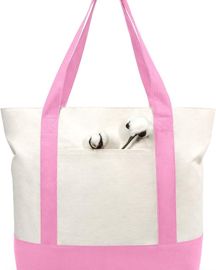 TOPDesign 3-Pack Canvas Tote Bags with an External Pocket, Reusable Grocery Shopping Bags, Top Zipper Closure, Daily Essentials (Pink/Natural)