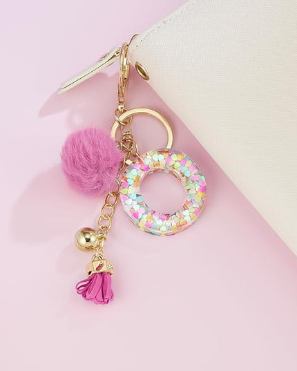 Resin Alphabet Initial Letter Keychain Keyring for Women Purse Handbags With Fur Ball Pom