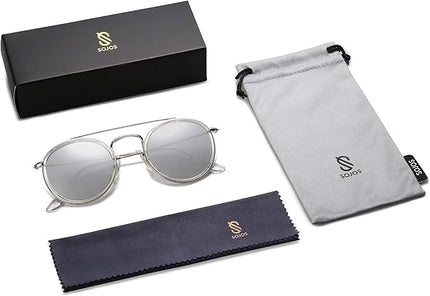 SOJOS Retro Vintage Round Polarized Sunglasses for Women Men Small Double Bridge Circle Sunnies SJ1104