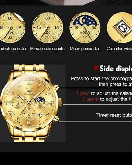 OLEVS Mens Watch Luxury Big Face Stainless Steel Analog Quartz Multifunctional Waterproof Luminous Date Two Tone Fashion Dress Wrist Watches for Man