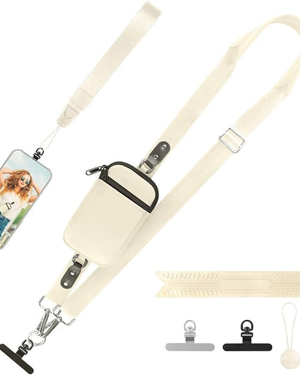 Clip and Go Strap for Phone With Wallet Crossbody (Detachable RFID Blocking Wallet) - Adjustable Phone Lanyard Crossbody with 360° Rotatable Tether Tabs for All Phones (Cream)