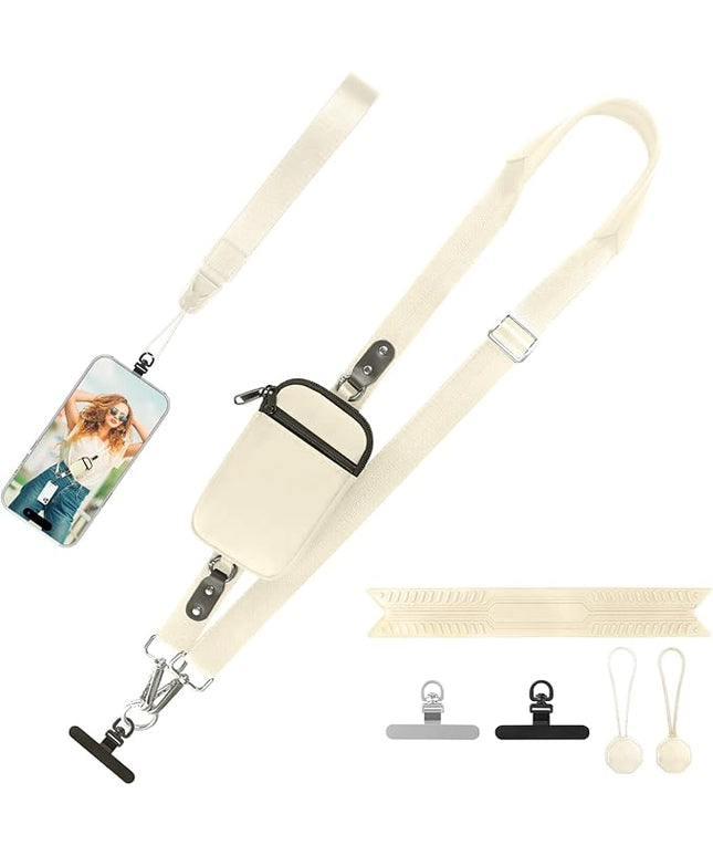Clip and Go Strap for Phone With Wallet Crossbody (Detachable RFID Blocking Wallet) - Adjustable Phone Lanyard Crossbody with 360° Rotatable Tether Tabs for All Phones (Cream)