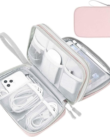 FYY Electronic Organizer, Large Travel Cable Organizer Bag Pouch Electronic Accessories Carry Case Portable Waterproof Double Layers All-in-One Storage Bag for Cable, Cord, Charger, Phone, Light Pink