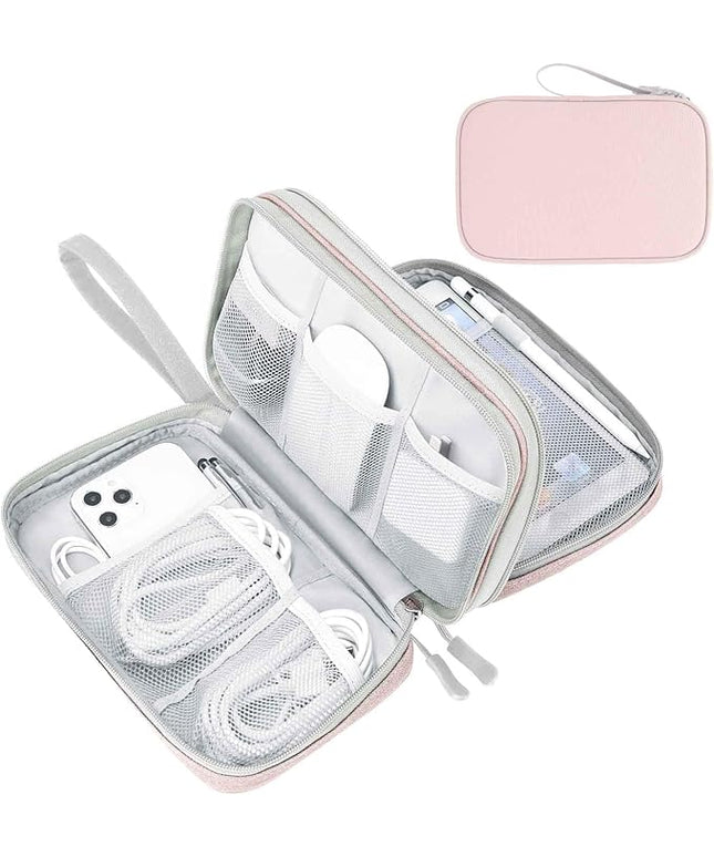 FYY Electronic Organizer, Large Travel Cable Organizer Bag Pouch Electronic Accessories Carry Case Portable Waterproof Double Layers All-in-One Storage Bag for Cable, Cord, Charger, Phone, Light Pink