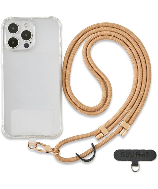 Universal Phone Lanyard, Anti-Theft Crossbody Strap for iPhone 17 Pro Max and Most Smartphones, Adjustable Cell Phone Neck Holder w/ 2 Non-Adhesive Tether Tabs for Men and Women, Apricot/Gold