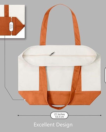 TOPDesign 3-Pack Canvas Tote Bags with an External Pocket, Reusable Grocery Shopping Bags, Top Zipper Closure, Daily Essentials (Orange/Natural)