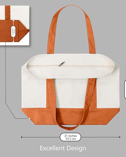 TOPDesign 6-Pack Canvas Tote Bags with an External Pocket, Reusable Grocery Shopping Bags, Top Zipper Closure, Daily Essentials (Orange/Natural)