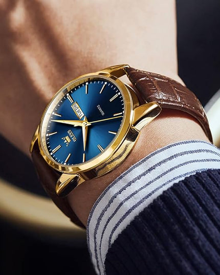 OLEVS Watches for Men Brown Leather Gold Case Analog Quartz Fashion Business Dress Watch Day Date Luminous Waterproof Casual Male Wrist Watches