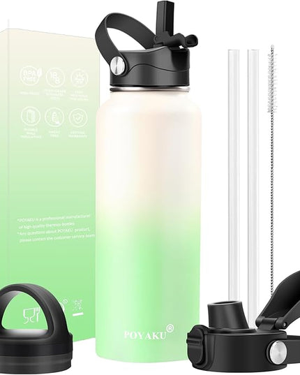 Water Bottle Insulated 32oz 40oz 64oz 128oz Straw Lid Spout Lid & 3 Lids, Leak Proof, Vacuum Insulated,Stainless Steel Water Bottle Wide Mouth for Sports, Gym or Office